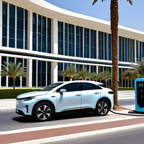 Home 18 **
"A modern Abu Dhabi street scene with a fully electric car charging at a public charging station. The car is sleek and stylish, parked neatly in a designated charging spot. Background shows modern architecture and palm trees under a sunny sky. Appropriate attire, safe for work, perfect anatomy, correct proportions, professional photography, high quality, family-friendly, daytime, fully clothed, modest."
**