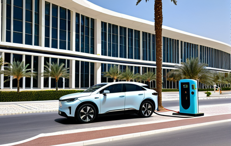 **

"A modern Abu Dhabi street scene with a fully electric car charging at a public charging station. The car is sleek and stylish, parked neatly in a designated charging spot. Background shows modern architecture and palm trees under a sunny sky.  Appropriate attire, safe for work, perfect anatomy, correct proportions, professional photography, high quality, family-friendly, daytime, fully clothed, modest."

**