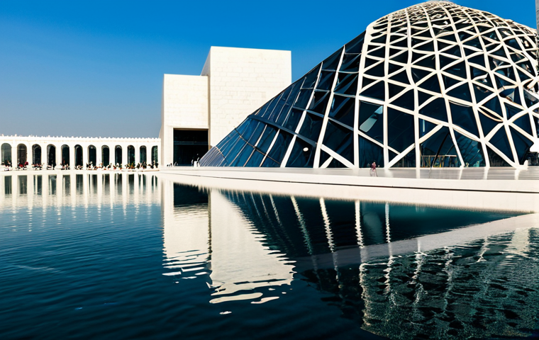 Architectural Marvel**

"The Louvre Abu Dhabi's stunning dome, bathed in sunlight creating dappled patterns on the white walls below, reflecting in the surrounding water.  Modern architecture blends seamlessly with the natural environment.  Fully clothed visitors stroll through the open spaces.  Safe for work, appropriate content, professional architectural photography, perfect anatomy, natural proportions, family-friendly, high quality."

**