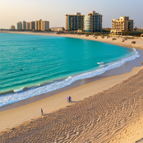 Home 10 Coastal Beauty**
A picturesque view of the Ras Al-Khaimah coastline at sunset, with clear turquoise water and sandy beaches. Several fully clothed families are enjoying the beach, building sandcastles and playing frisbee. In the background, luxury resorts are visible. Safe for work, appropriate content, professional photography, high resolution, realistic, natural lighting, perfect anatomy, correct proportions, family-friendly.
**