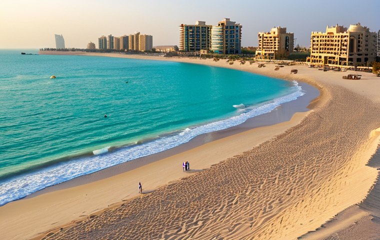Coastal Beauty**

A picturesque view of the Ras Al-Khaimah coastline at sunset, with clear turquoise water and sandy beaches.  Several fully clothed families are enjoying the beach, building sandcastles and playing frisbee.  In the background, luxury resorts are visible.  Safe for work, appropriate content, professional photography, high resolution, realistic, natural lighting, perfect anatomy, correct proportions, family-friendly.

**